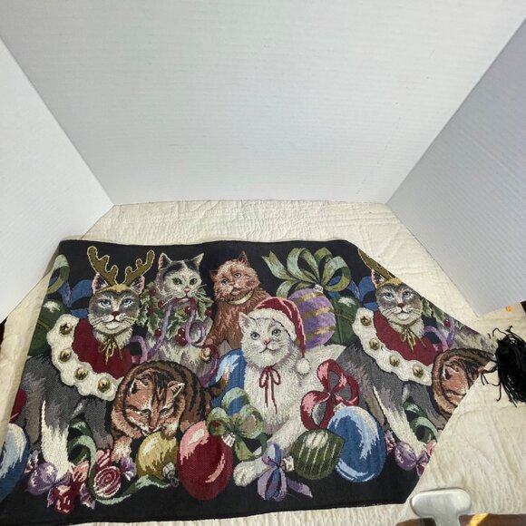 Holiday Cat Tapestry Table Runner With Festive Design & Tassels 27" X 13.5" - Picture 8 of 11